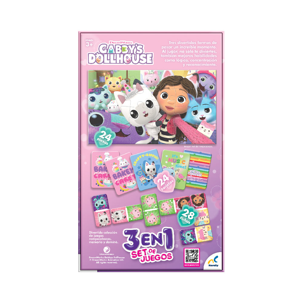 Set de Juegos 3 En 1 Memoria,dominó y rompecabezas Gabby´S Dollhouse