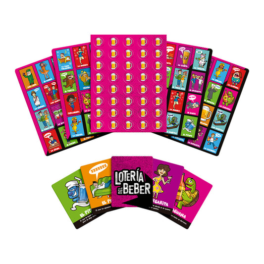 Lotería del Beber de Viaje, juego de mesa para reconocer personajes, situaciones y bebidas en una noche de fiesta. Diversión para adultos y amigos."
