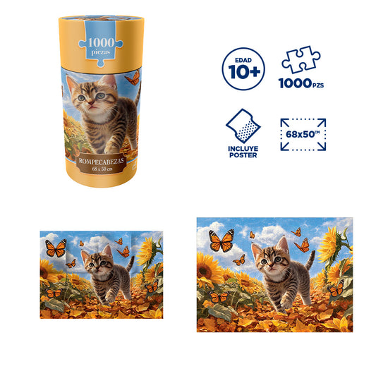 Rompecabezas Gatito Campo De Girasoles 1000 Piezas Clindro