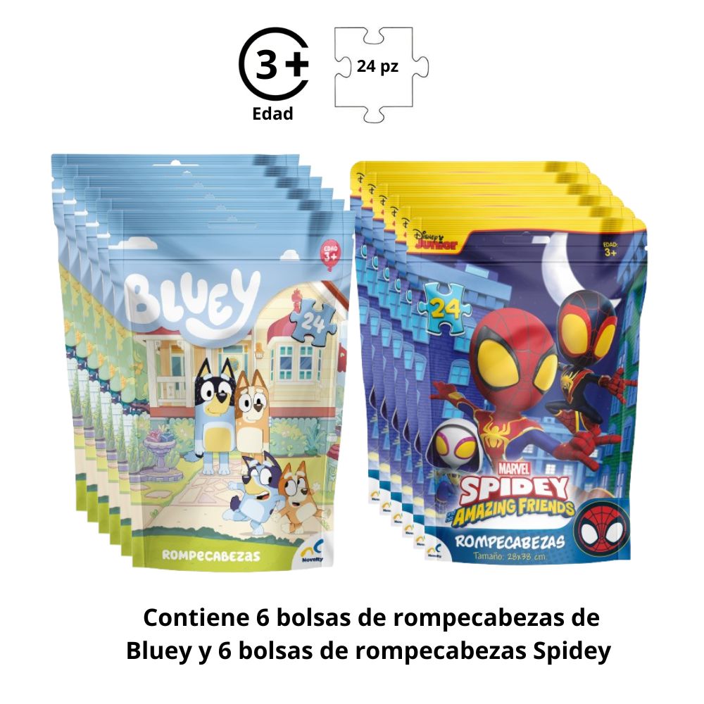 Pack de fiesta 12 bolsas con Rompecabezas Bluey y Spidey de 24 piezas