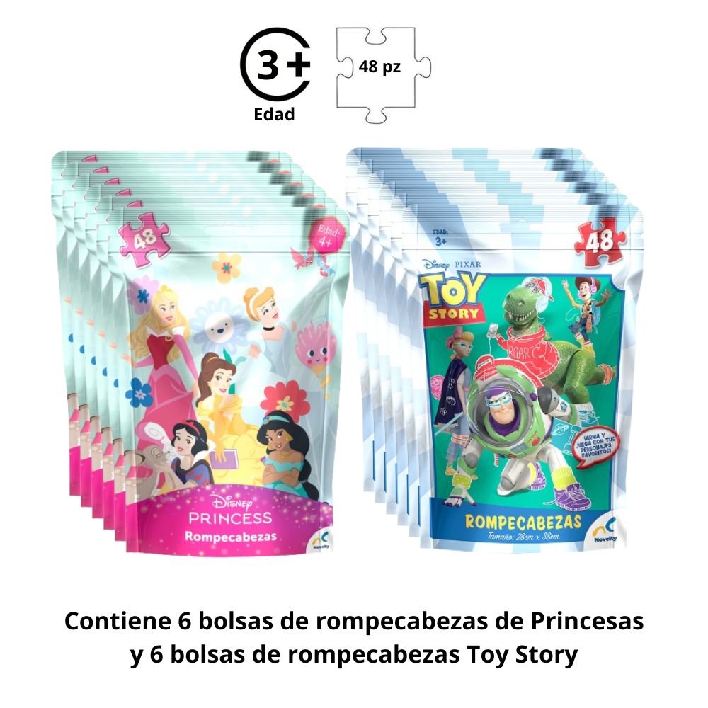 Pack de fiesta 12 bolsas con Rompecabezas Toy Story y Princesas de 48 piezas