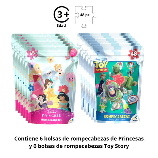 Pack de fiesta 12 bolsas con Rompecabezas Toy Story y Princesas de 48 piezas