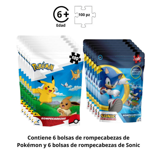 Pack Rompecabezas Pokémon + Sonic 100 Piezas | Doble Diversión para Niños