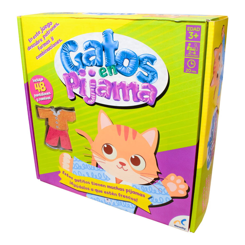Juego de mesa Gatos en Pijama, identifica patrones, colores y formas para quitar las pijamas de los gatos. Diversión educativa para toda la familia.