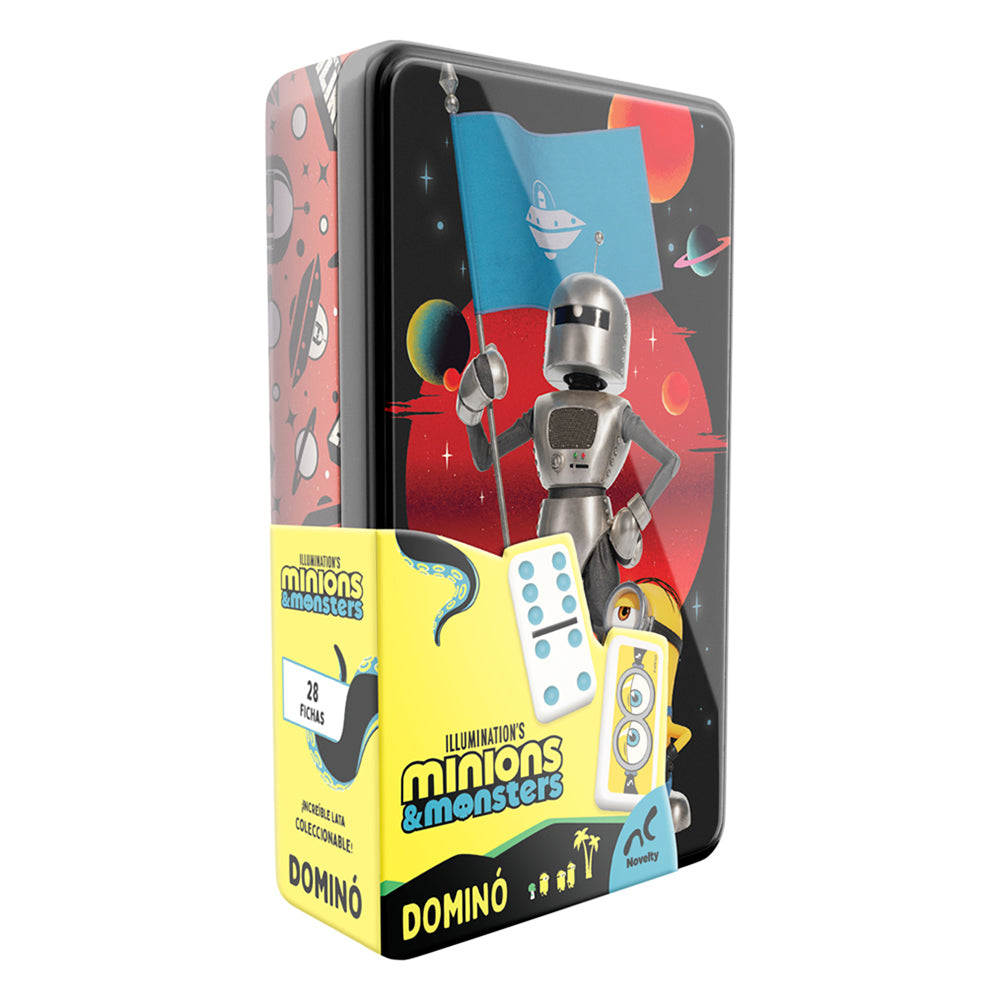 Dominó Tin Minions and Monsters con estuche metálico. Incluye 28 fichas con impresión directa y diseño ideal para niños y fans de Minions.