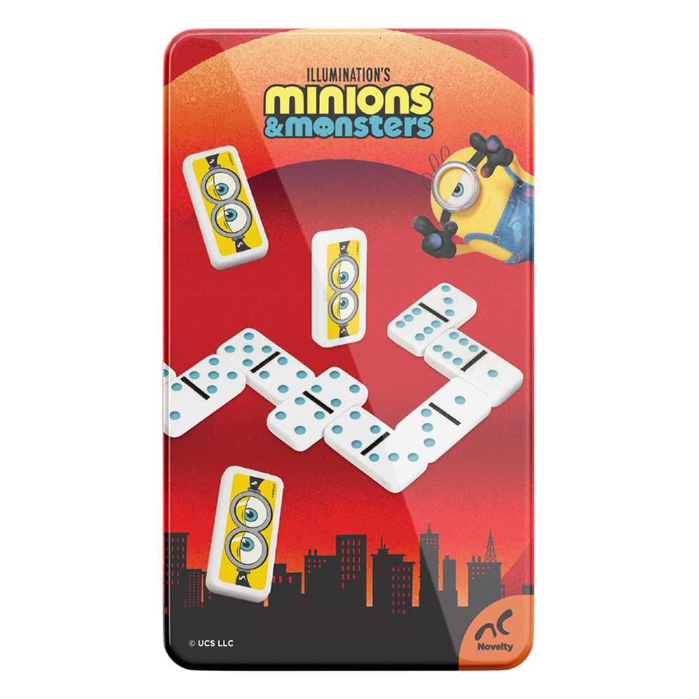 Dominó Tin Minions and Monsters con estuche metálico. Incluye 28 fichas con impresión directa y diseño ideal para niños y fans de Minions.