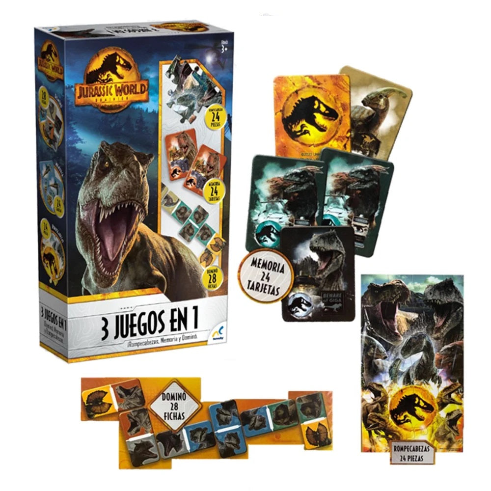 Set de Juegos Jurassic World Dominion 3 en 1 – Dominó, Memoria y Rompecabezas