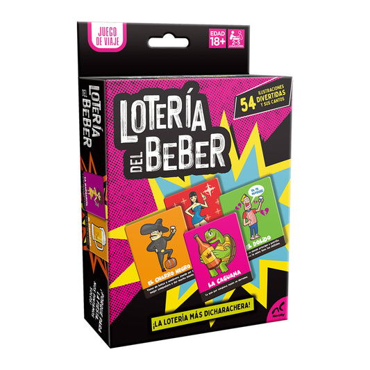 Lotería del Beber de Viaje, juego de mesa para reconocer personajes, situaciones y bebidas en una noche de fiesta. Diversión para adultos y amigos."