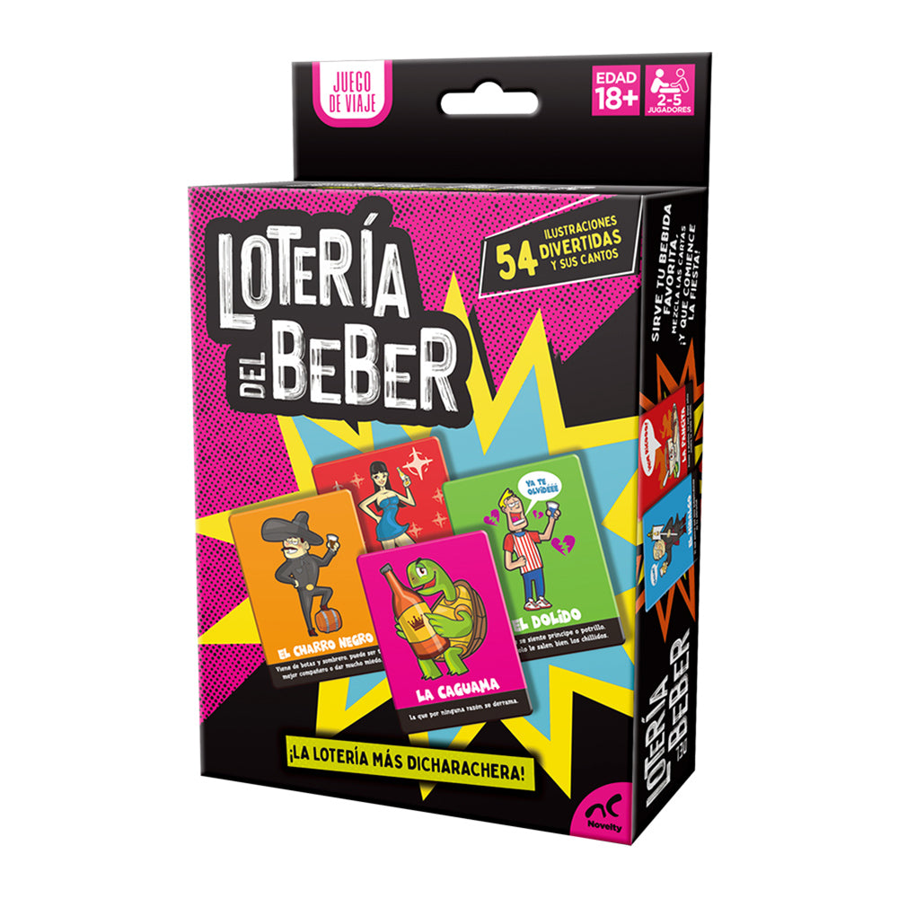 Lotería del Beber de Viaje, juego de mesa para reconocer personajes, situaciones y bebidas en una noche de fiesta. Diversión para adultos y amigos."