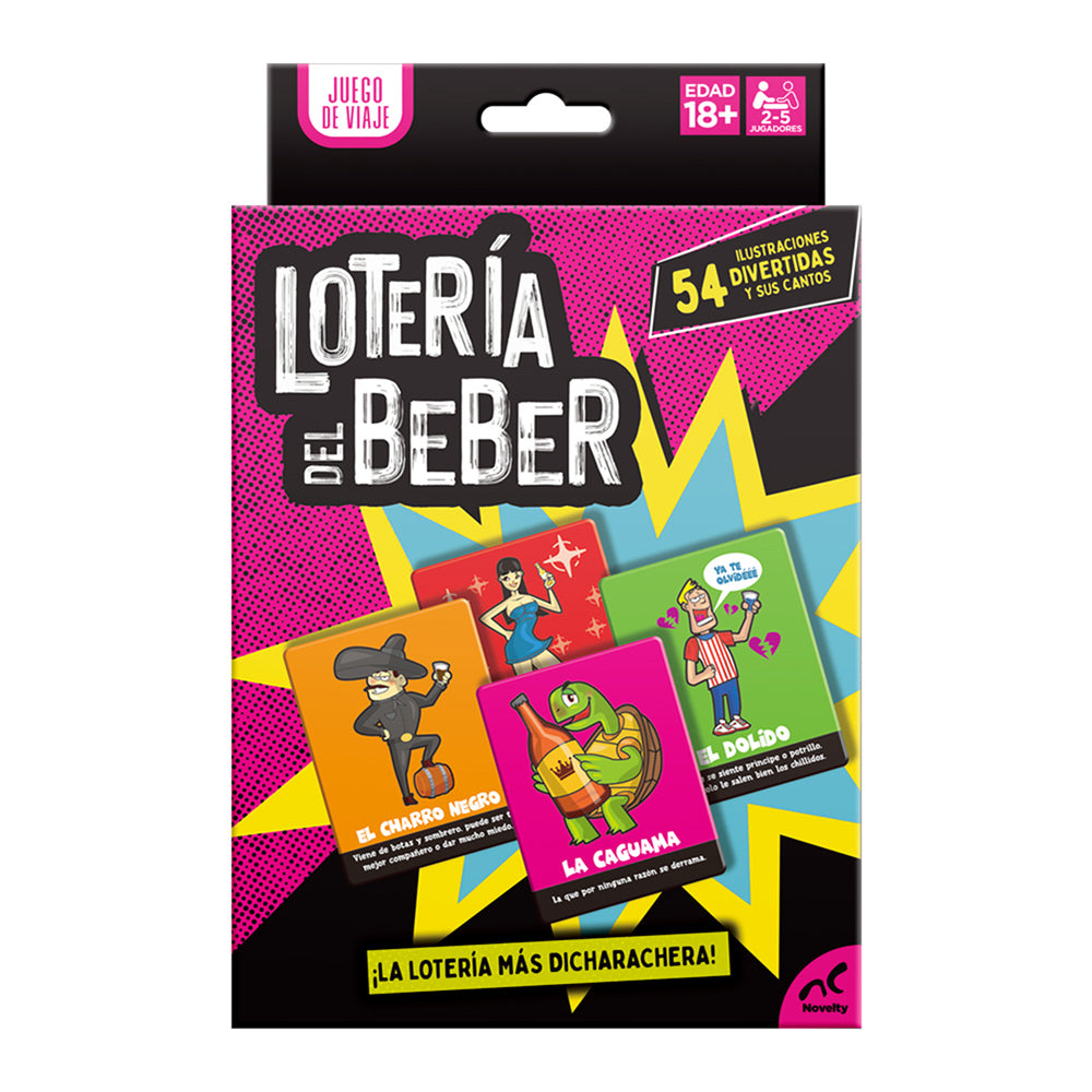 Lotería del Beber de Viaje, juego de mesa para reconocer personajes, situaciones y bebidas en una noche de fiesta. Diversión para adultos y amigos."