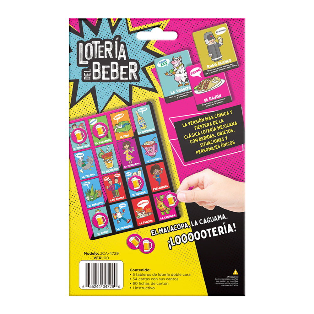 Lotería del Beber de Viaje, juego de mesa para reconocer personajes, situaciones y bebidas en una noche de fiesta. Diversión para adultos y amigos."