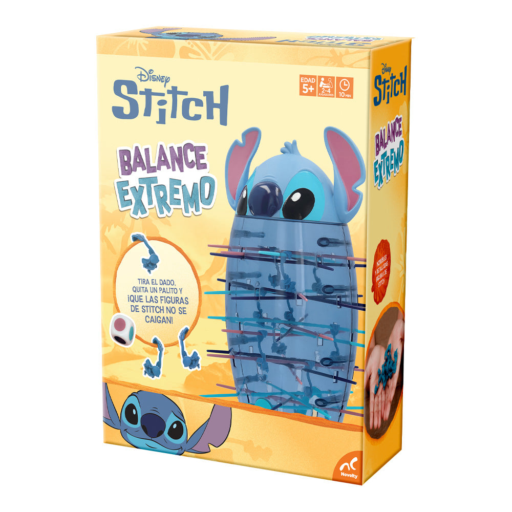 "Juego de mesa Stitch Balance Extremo, reta tu habilidad retirando palitos sin dejar caer a Stitch. Diversión para toda la familia."