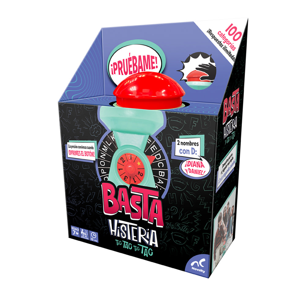 Basta Histeria, juego de mesa de rapidez mental donde debes responder en menos de 5 segundos. Diversión familiar y competitiva para fiestas y reuniones."