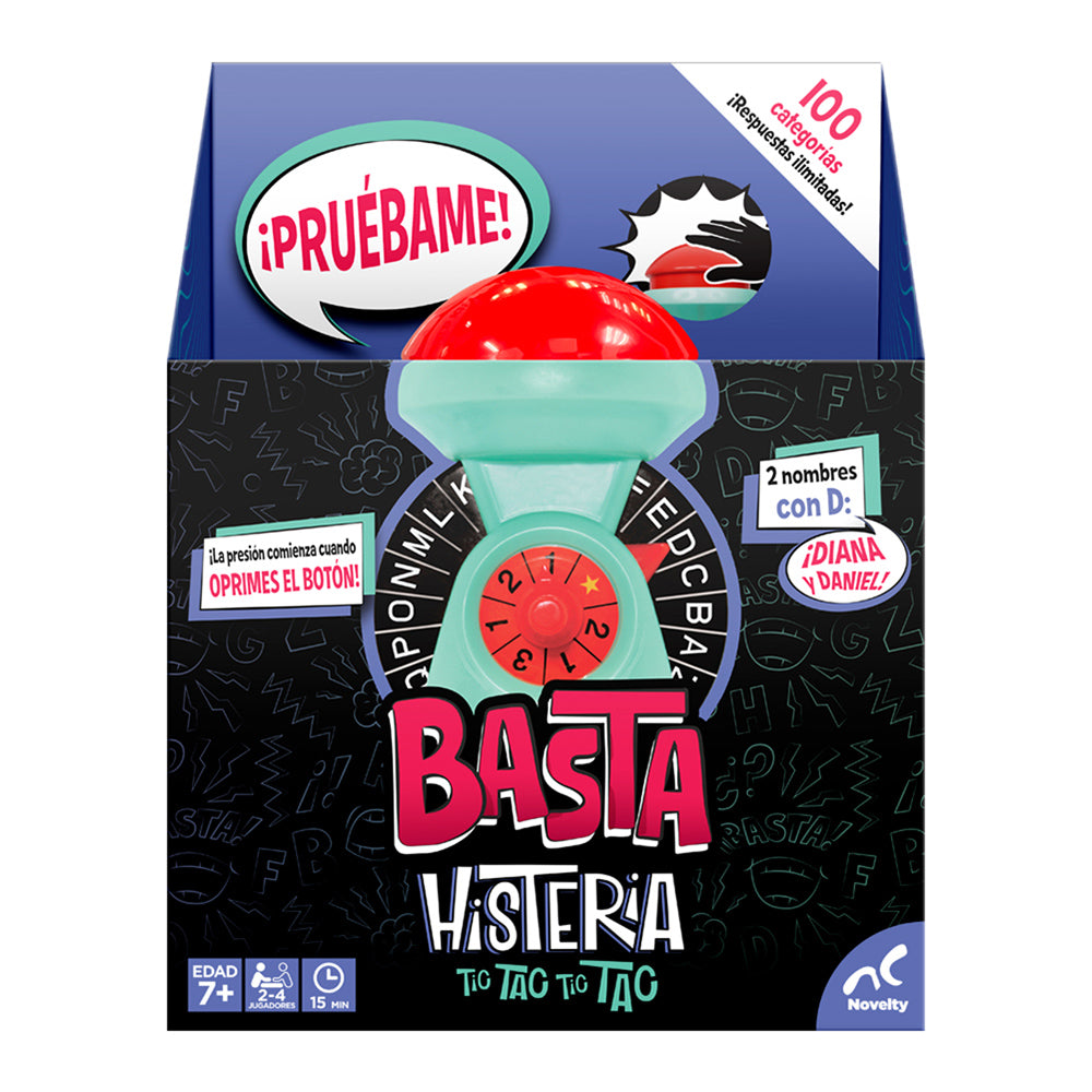 Basta Histeria, juego de mesa de rapidez mental donde debes responder en menos de 5 segundos. Diversión familiar y competitiva para fiestas y reuniones."