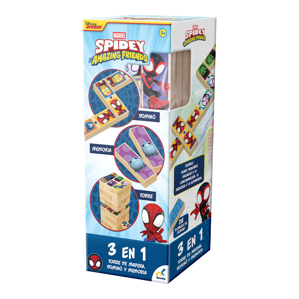 Torre 3 en 1 Spidey | Juego de Madera Infantil con Memoria y Dominó