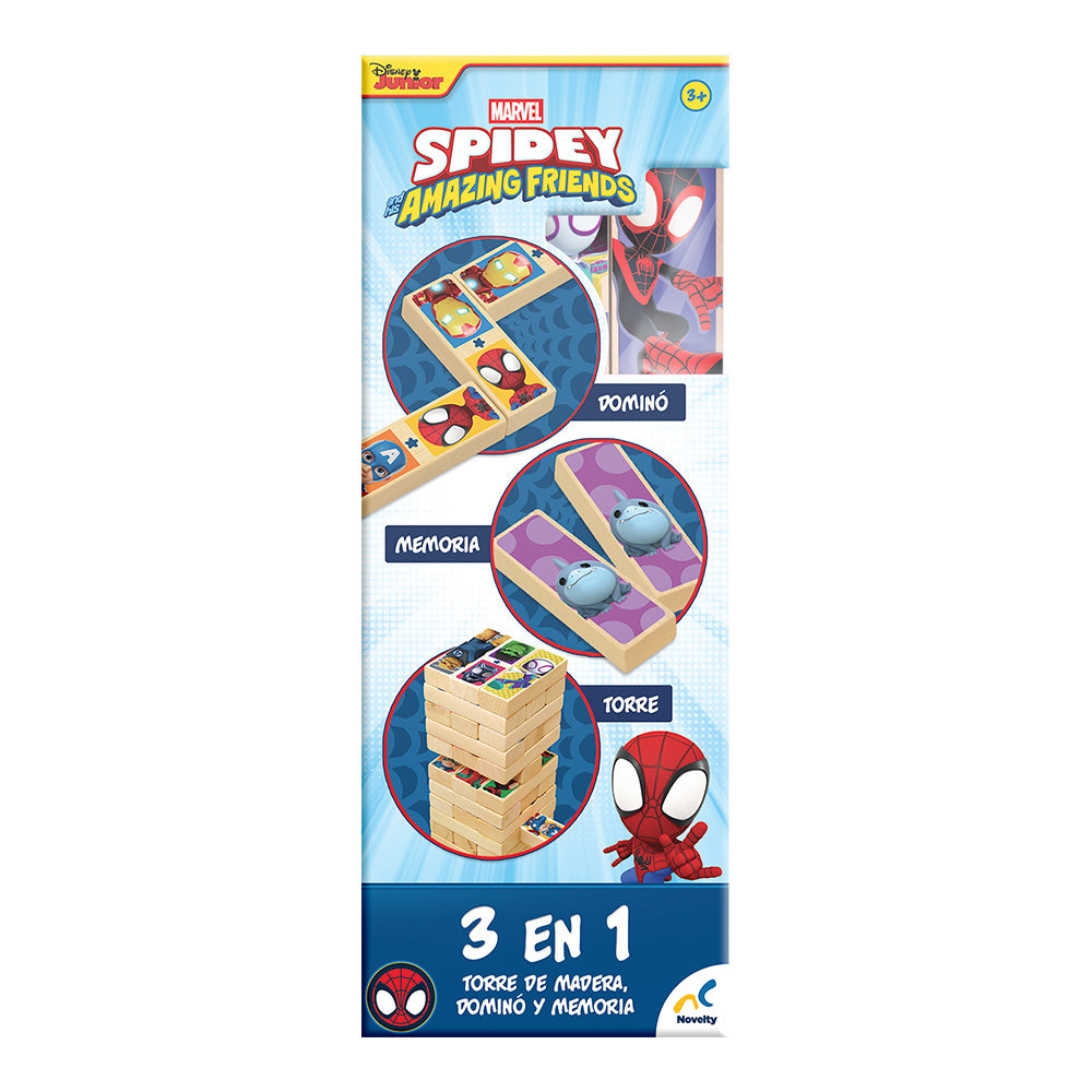 Torre 3 en 1 Spidey | Juego de Madera Infantil con Memoria y Dominó