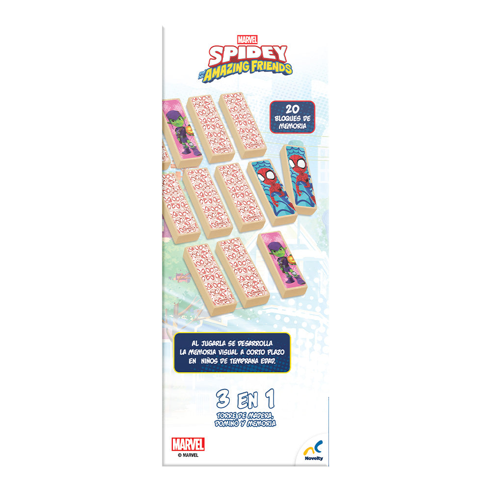 Torre 3 en 1 Spidey | Juego de Madera Infantil con Memoria y Dominó
