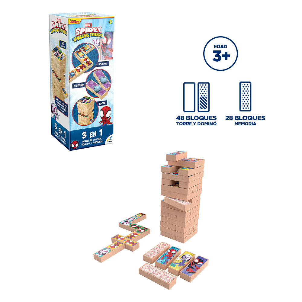orre 3 en 1 Spidey | Juego de Madera Infantil con Memoria y Dominó | Novelty