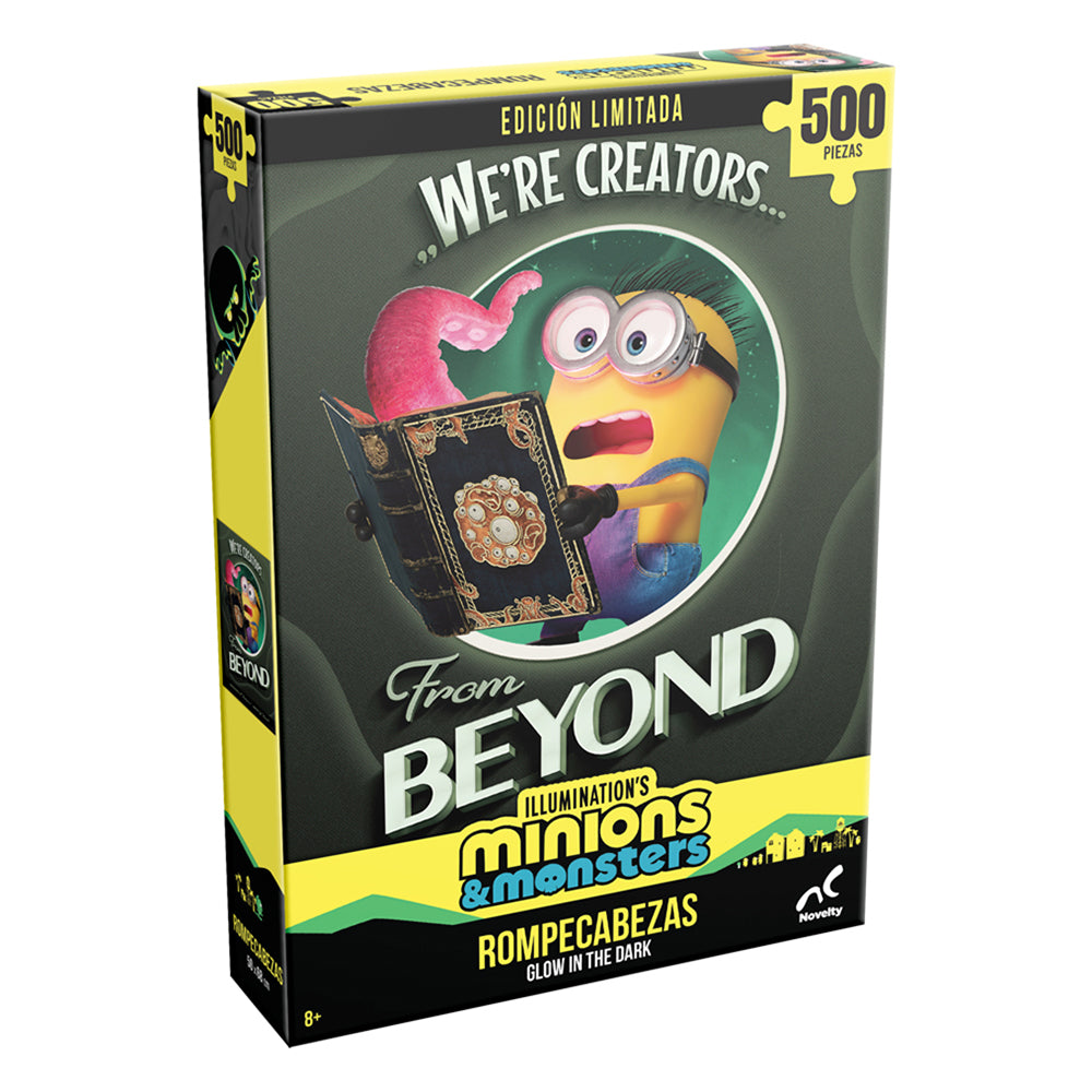 rompecabezas Minions Glow in the Dark de 500 piezas edición limitada. Diseño coleccionable que brilla en la oscuridad, ideal para fans y familias.