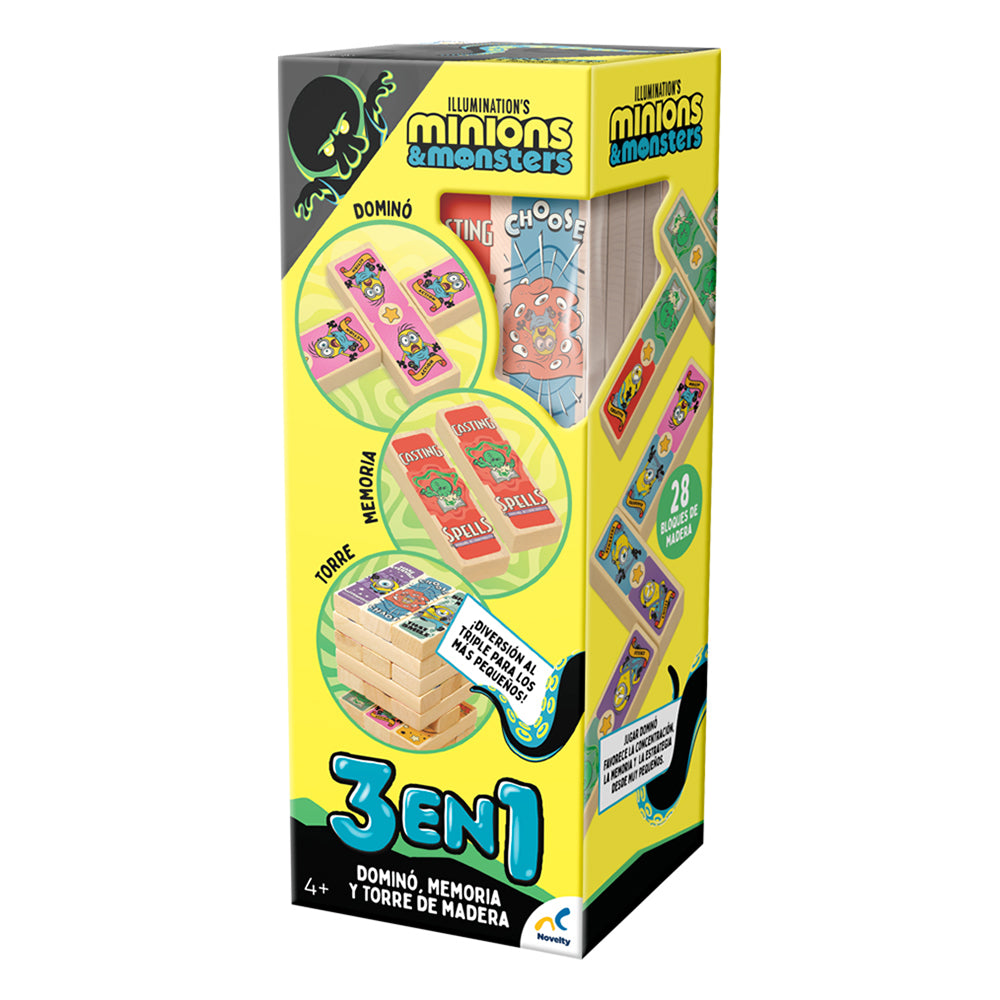 Torre de Madera 3 en 1 Minions and Monsters. Incluye dominó, memoria y torre de madera con bloques resistentes para diversión familiar.