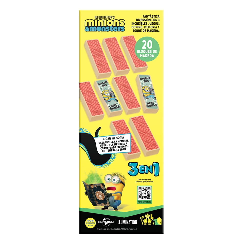 Torre de Madera 3 en 1 Minions and Monsters. Incluye dominó, memoria y torre de madera con bloques resistentes para diversión familiar.