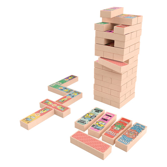 Torre de Madera 3 en 1 Minions and Monsters. Incluye dominó, memoria y torre de madera con bloques resistentes para diversión familiar.