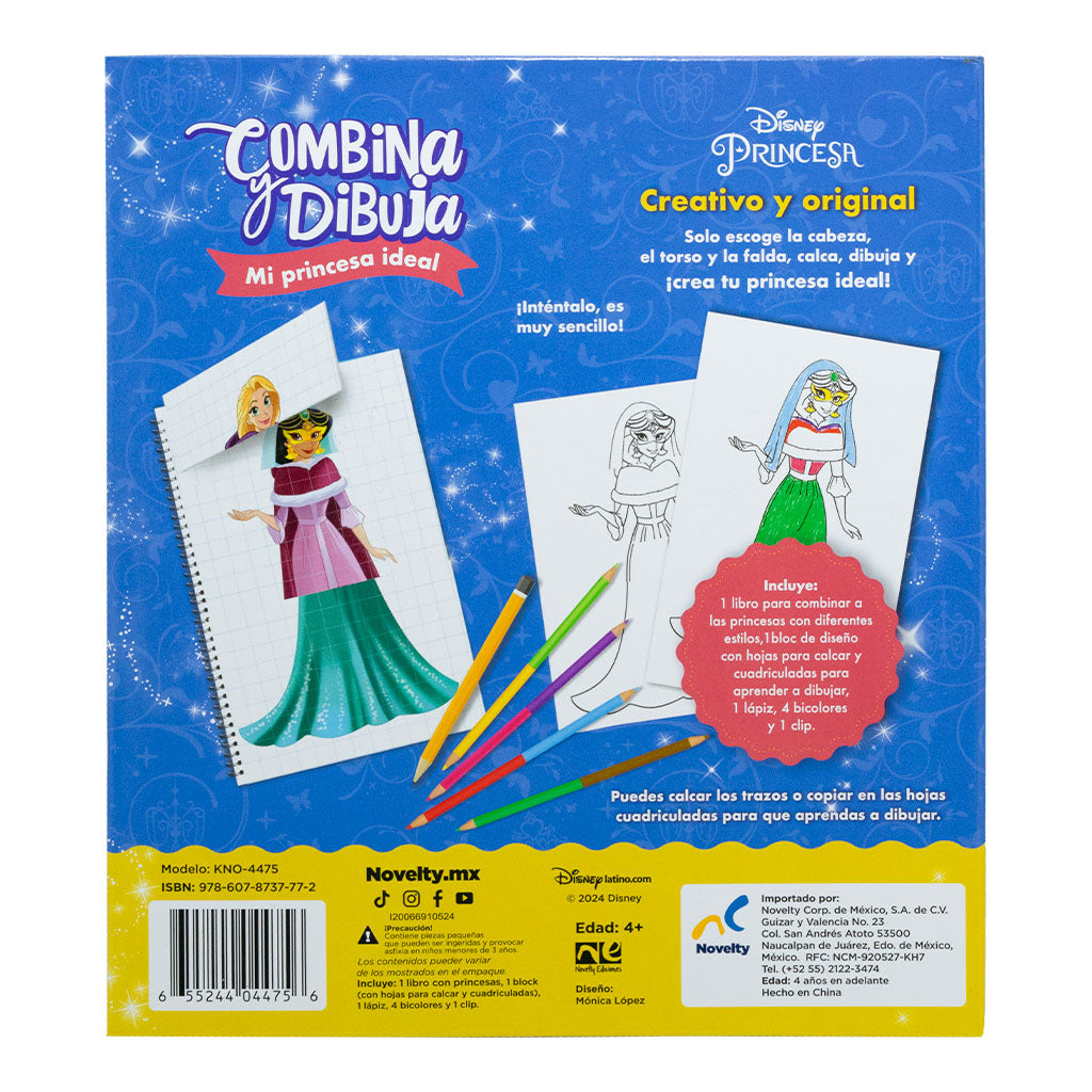 Libro Disney Princesa Combina y Dibuja | Mi Princesa Ideal| Novelty